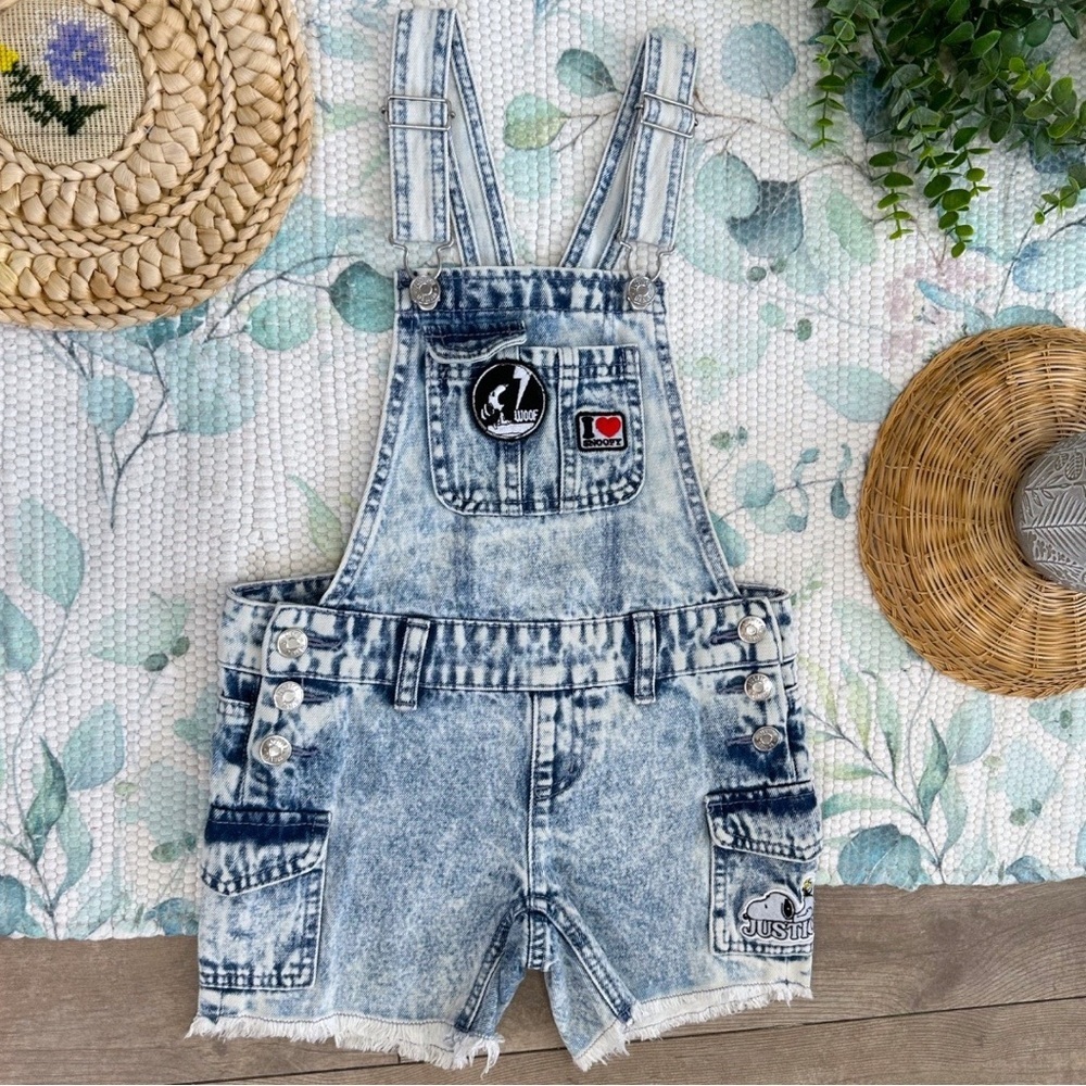 New Charlie Brown Snoopy Patchwork Denim Shortalls Acid Wash Distressed Overalls